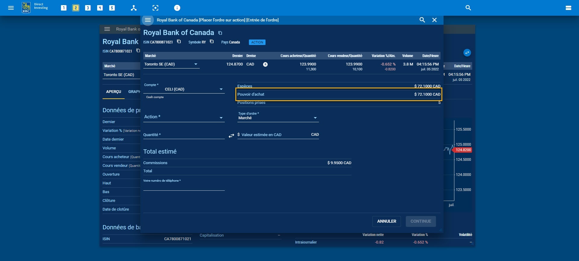 Formulaire d’entrée des ordres avec le pouvoir d’achat en surbrillance